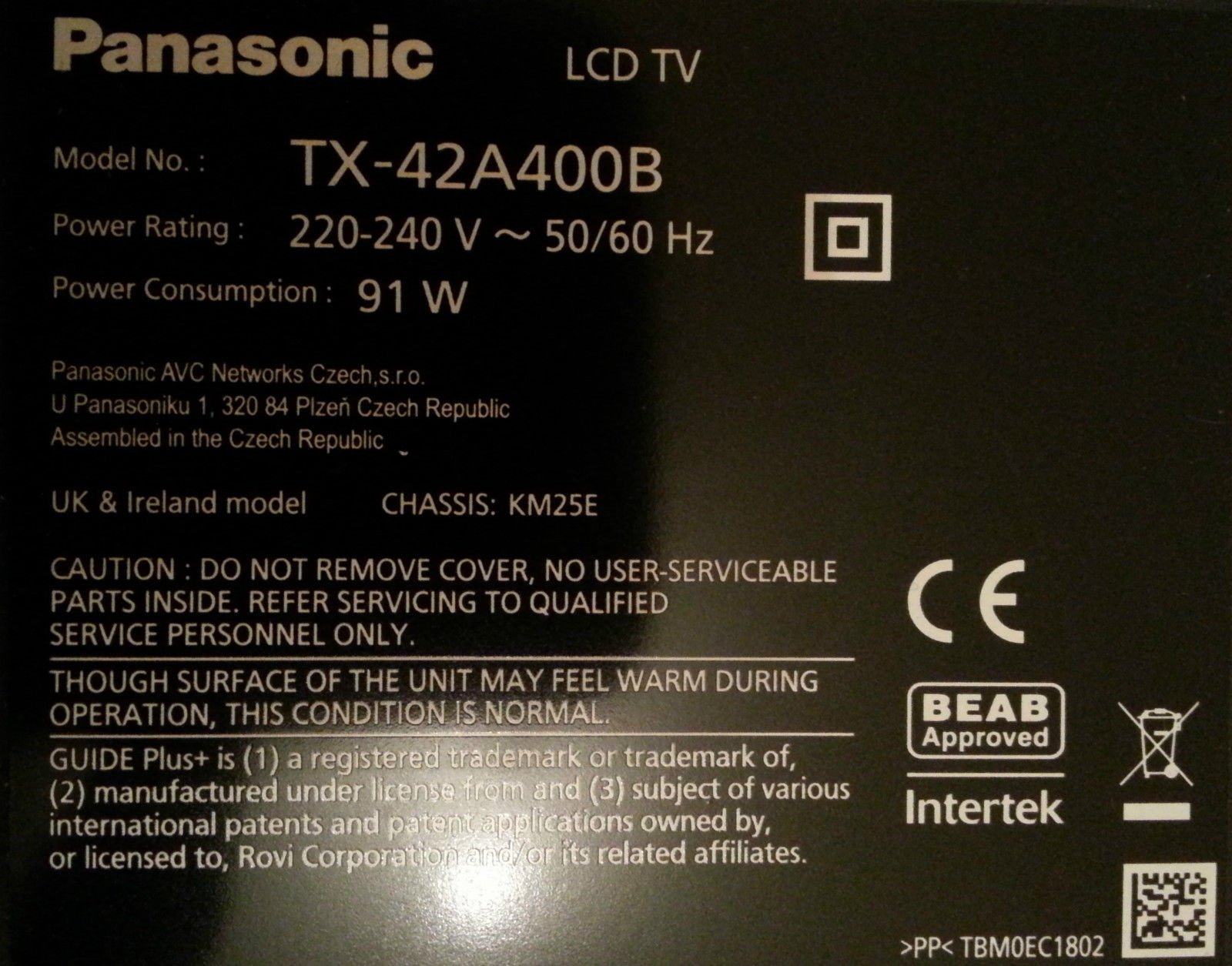 Panasonic TX42A400B 42 "LED-TV-Netzteilplatine TNPA5916 TX-42